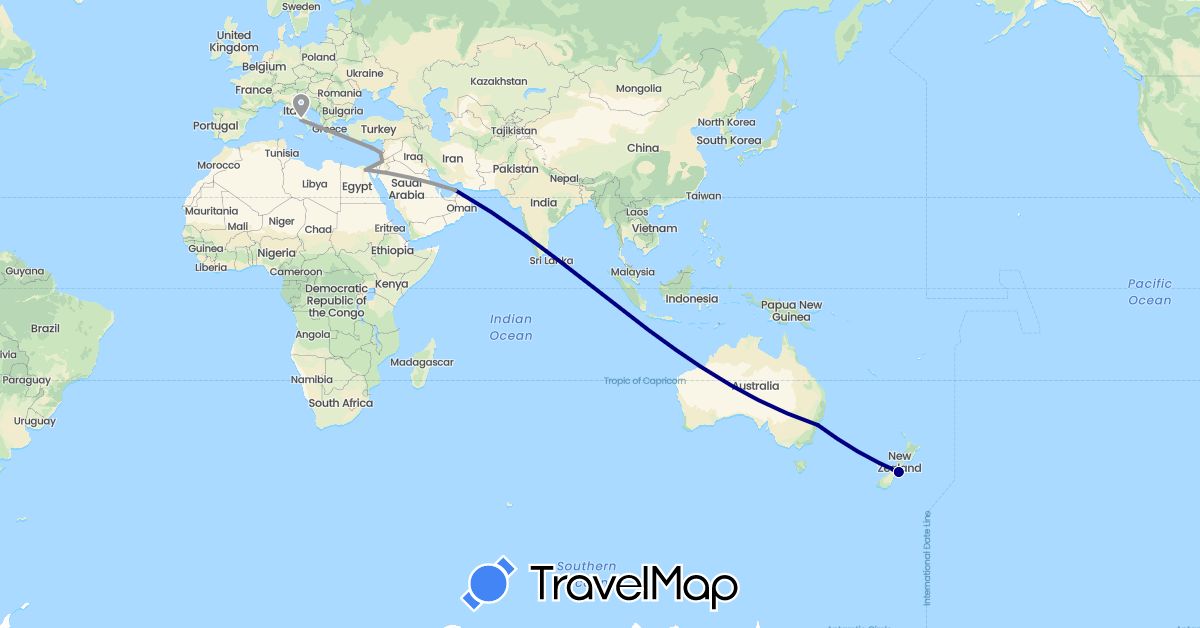 TravelMap itinerary: driving, plane in United Arab Emirates, Australia, Cyprus, Egypt, Greece, Italy, Jordan, Lebanon, New Zealand (Africa, Asia, Europe, Oceania)